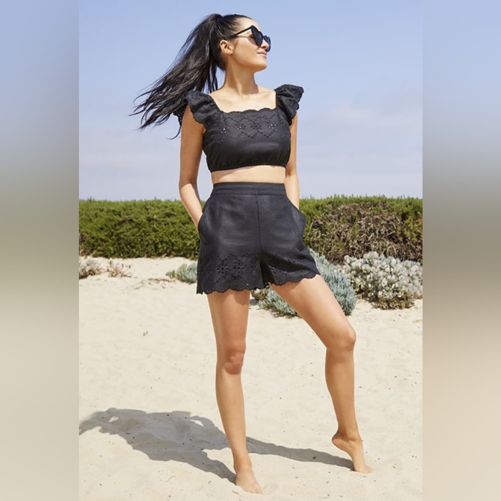 Rachel Parcell Black 2 Piece Set Outfit Linen‎ Eyelet Crop Top and Shorts Small - Picture 2 of 10